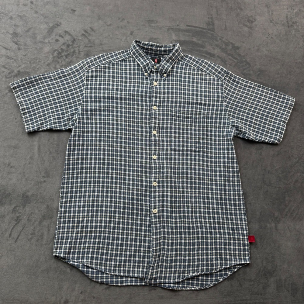 Levis Jeans Mens Large Blue White Plaid Short Sleeve Button Down Cotton Shirt